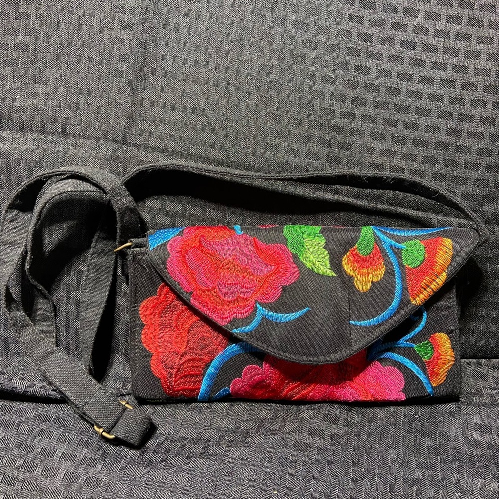 Mexican Floral Embroidered Black Clutch with strap